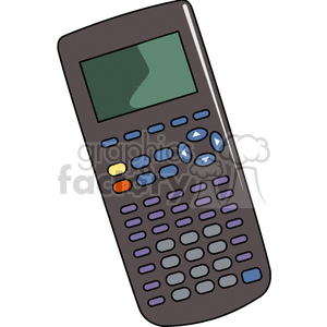 Clipart image of a scientific calculator with a digital display and multiple colored buttons.