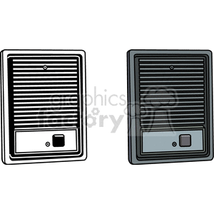 This clipart image shows two wall intercom speakers, one in black and white and the other in color. Both feature a button and screws for wall-mounting.