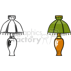 Clipart image featuring two antique-style table lamps. The left lamp is black and white, while the right lamp is colored with a green shade and brown base.