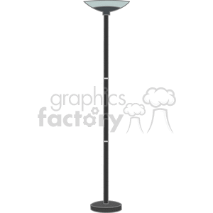 A clipart illustration of a modern floor lamp with a circular base and a tall, slender pole leading up to an upward-facing, bowl-shaped lampshade.