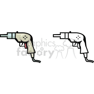 Illustration of two electric drills in a clipart style, one with color and the other in black and white.