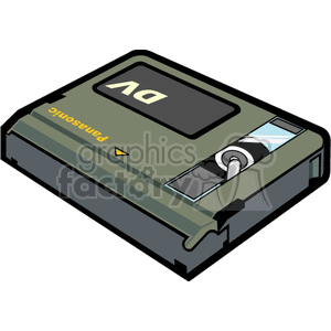 Clipart image of a DV cassette tape in gray and black, featuring a clear label area and the brand name.