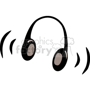 A simple black and grey clipart image of headphones with sound waves, indicating music or sound.