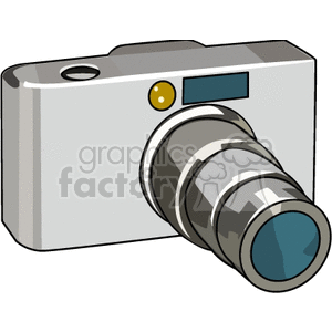 A digital camera clipart with a zoom lens extending from a rectangular body featuring a small display and a button.