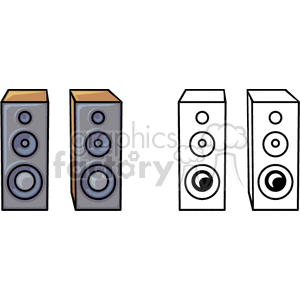 Clipart illustration of two pairs of speaker designs, one in color and one in black and white outline.