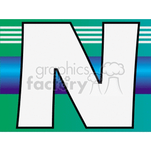 Clipart image of the letter 'N' in a bold, white font with a black outline against a striped green and blue background.