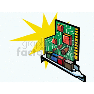 Clipart image of a colorful computer circuit board with a starburst background.