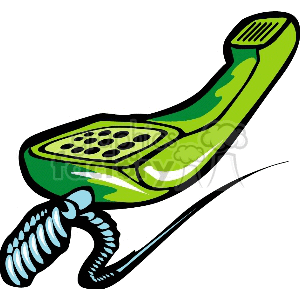 A green retro telephone receiver with a coiled cord in a stylized clipart design.