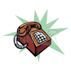 Illustration of a retro telephone in the style of a bakelite, but with buttons rather than a rotary dial. There is a green starburst background.