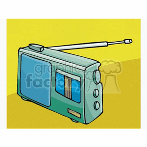 A cartoon illustration of a retro-style portable radio with an antenna.