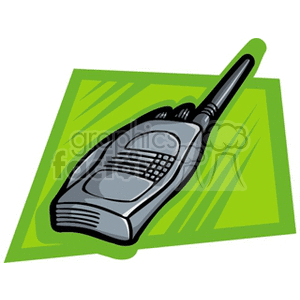 Clipart image of a handheld radio communicator on a green background.