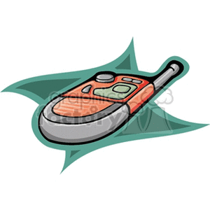 Clipart illustration of an orange and grey cordless telephone with an antenna.