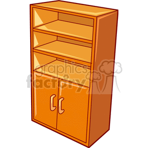 This clipart image features an orange wooden bookshelf with three shelves and a two-door cabinet at the bottom. The design is simple and functional, providing ample storage space.