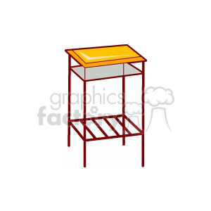 A clipart image of a small, simple table with a yellow tabletop, a shelf beneath it, and a lower rack. The table has a brown frame.