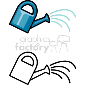 Clipart image featuring two watering cans, one colored blue and the other in black and white outline, both pouring water.