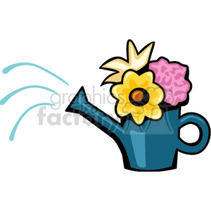 A clipart image of a blue watering can with flowers sprouting from the top, and water droplets coming out of the spout.