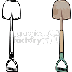 Clipart image of two shovels, one in black and white and one in color. Both have a D-shaped handle and a rounded digging blade.