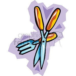A colorful clipart image featuring a pair of gardening shears and a garden trowel crossed against a purple abstract background.