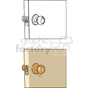 This clipart image depicts two illustrations of a door with a doorknob. The top illustration shows a black and white outline of a door with a doorknob, while the bottom illustration depicts a colored version of the same door, featuring a beige door with a light brown doorknob.