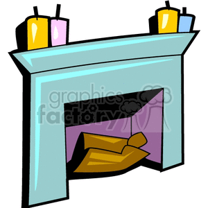 A colorful clipart image of a fireplace with logs inside and three candles on the mantle.