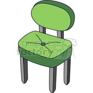A clipart image of a green cushioned chair with a wide, oval backrest and four grey legs.