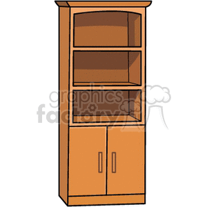 A clipart image of a wooden bookshelf with three open shelves and a two-door cabinet at the bottom.