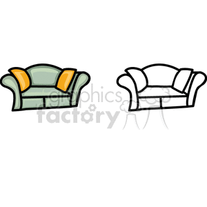 A clipart image featuring two couches. One couch is colored in green with two orange pillows, while the other couch is in a black and white outline.