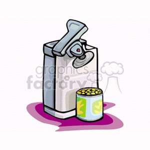 Illustration of an electric can opener with an opened can of food in a kitchen setting.