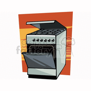 Clipart image of a kitchen oven with an open door and stove top.