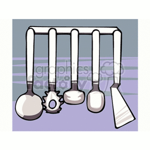 A clipart image depicting five kitchen cooking utensils hanging in a row, including a ladle, pasta server, slotted spoon, regular spoon, and spatula.