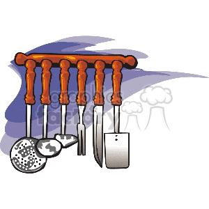 Clipart image of kitchen cooking utensils hanging on a wooden rack.