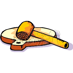 Illustration of a kitchen scene with a cutting board and a tenderizer hammer.