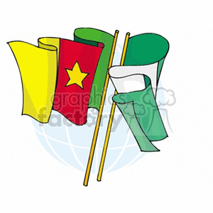 The image features clipart of two flags in front of a stylized globe. The first flag, on the left, has three vertical stripes of green, red, and yellow, with a gold star in the center of the red stripe, representing the national flag of Cameroon. The second flag, on the right, consists of three vertical stripes in the colors green, white, and green, representing the national flag of Nigeria.