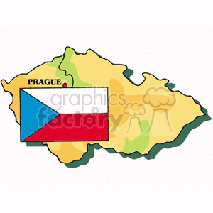The clipart image depicts a stylized map of the Czech Republic, colored in various shades of yellow and green, indicating its geographical features such as plains and hills. Superimposed on the map is the national flag of the Czech Republic, which consists of two horizontal bands of white and red with a blue triangle extending from the flagpole side of the flag. The capital city, Prague, is labeled on the map.