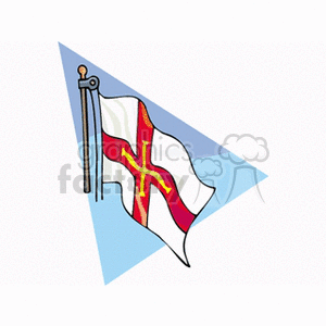 This image features a cartoon representation of the flag of Guernsey, a British Crown dependency located off the coast of Normandy, France. The flag has a white background with a red St. George's Cross and an additional gold Norman cross within it.
