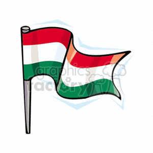 The image is a cartoon-style illustration of the flag of Hungary. It depicts a flag with horizontal stripes of red, white, and green, mounted on a flagpole and shown as though it's waving.
