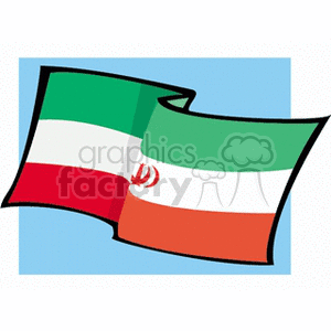 The clipart image shows the national flag of Iran, depicted as a fluttering flag. It is characterized by its tricolor design of horizontal bands in green, white, and red, with the national emblem (a stylized representation of the word Allah) in red centered on the white band, and stylized versions of the Islamic phrase Allahu Akbar repeated along the edges of the green and red bands.