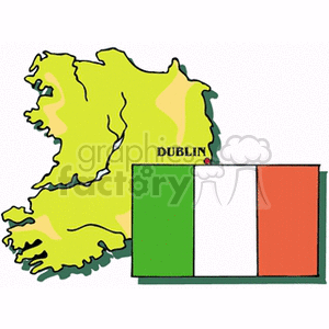 The image features a stylized map of Ireland in green with the capital city Dublin marked with a red dot. Alongside the map of Ireland is the national flag of Ireland, which consists of three vertical stripes in green, white, and orange.