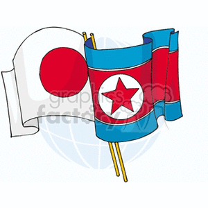 The clipart image features two national flags in front of a stylized globe. On the left is the flag of Japan, known for its simple white background and central red circle representing the sun. On the right is the flag of North Korea, which has a central red star within a white circle, set against a blue and red striped background with white bands.