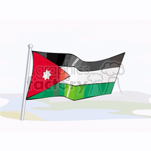 The image is a clipart representation of the flag of Jordan. The flag features a horizontal tricolor of black, white, and green, with a red chevron adjacent to the flagpole bearing a seven-pointed white star.