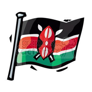 This clipart image features a stylized illustration of the flag of Kenya mounted on a flagpole. The flag is depicted as waving and features the traditional colors and symbols of the Kenyan flag, including the black, red, green, and white horizontal stripes, and the central Maasai shield and crossed spears.