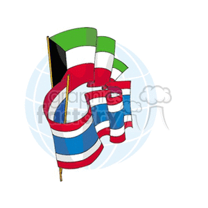 This image shows the flags of Kuwait and Thailand intertwined in front of a stylized image of a globe. The Kuwaiti flag is recognizable by its black trapezoid adjacent to the flagpole and its bands of green, white, and red. The Thai flag features horizontal stripes, with red on the top and bottom, white stripes in the middle, and a blue band that is double the width of the red and white bands in the center.