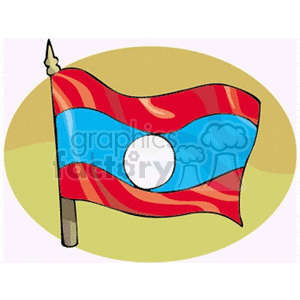 The image is a cartoon-style depiction of the flag of Laos. It features a large blue stripe in the middle, flanked by two thinner red stripes, and a large white circle at the center of the blue stripe.