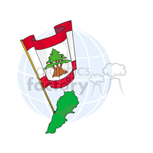 The clipart image features the flag of Lebanon, with its distinctive white stripe between two red stripes and a green cedar tree in the center, displayed on a flagpole. In the background, there is a simplified graphic representation of a globe, and to the side, an outline of the geographical shape of Lebanon colored in green.