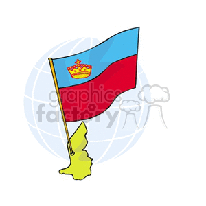 The clipart image features the flag of Liechtenstein, which is composed of two horizontal bands of blue (top) and red with a gold crown in the canton. The background includes a faint image of a globe, depicting an international context. The flagpole is depicted in yellow, and at its base, there's a simplified outline of Liechtenstein's geographic shape in a lighter yellow color.