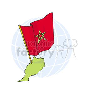 This image features the flag of Morocco with a green pentagram on a red background, mounted on a flagpole. In the background, there is a simplified depiction of the globe with latitude and longitude lines. The graphic appears to be overlaid on an outline of the country of Morocco in green.