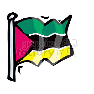 The clipart image features the flag of Mozambique. The flag is distinguished by its horizontal stripes in green, black bordered by white, yellow, red, and the unique addition of a black triangle with a white star, an open book, and a crossed hoe and AK-47.