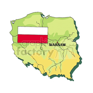 The clipart image depicts a stylized map of Poland with the Polish national flag superimposed on it. The capital city of Warsaw is indicated with a label.