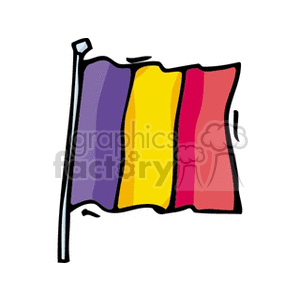 The image is a simple, stylized clipart representation of a flag that features three vertical stripes. However, it seems to be a misrepresentation of the Romanian flag, as the colors displayed are purple, yellow, and red, instead of the correct Romanian flag colors, which are blue, yellow, and red.