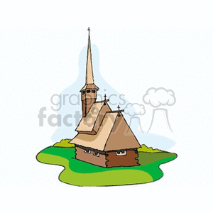 Illustration of a traditional church with an elongated spire and steep roof, surrounded by greenery.